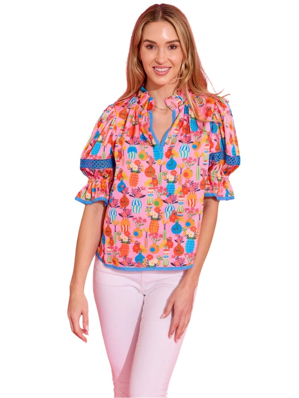 Alden Pink Floral Puff-Sleeve Blouse with Blue Trim